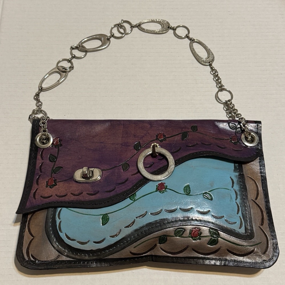Handbag Country Road HandTooled Leather Purple Blue Chain Clutch Purse Western